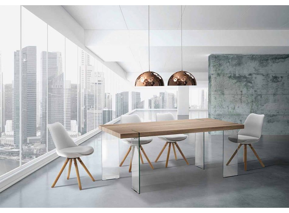 Mesa de cocina moderna con tablero de MDF y base de vidrio, Joey Viadurini