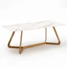 Mesa de exterior con base de madera y tapa de cerámica Calacatta Oro - Infinity Viadurini