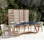 Mesa de exterior con base de madera y tapa de cerámica azul océano - Infinity Viadurini