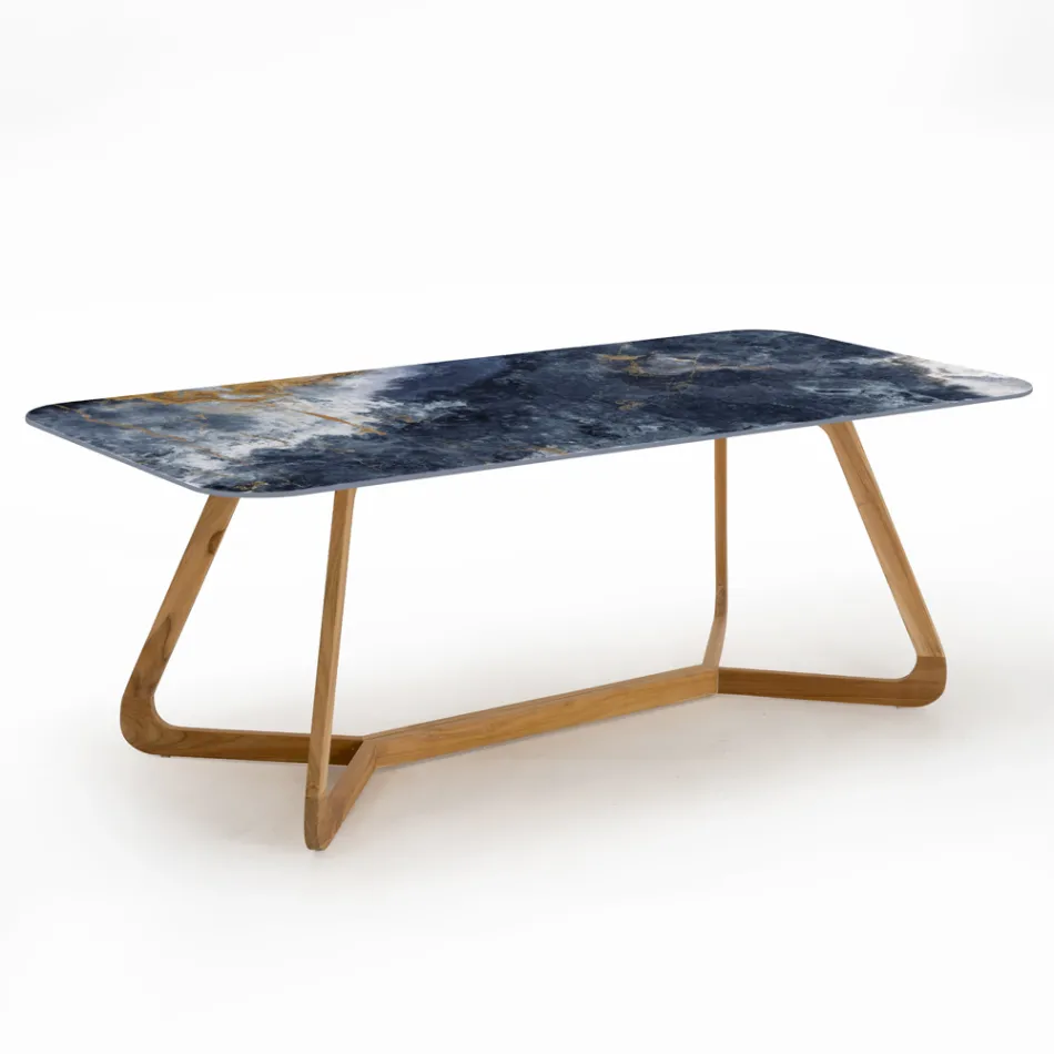 Mesa de exterior con base de madera y tapa de cerámica azul océano - Infinity Viadurini