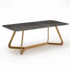Mesa de exterior con base de madera y tapa de cerámica de piedra gris - Infinity Viadurini