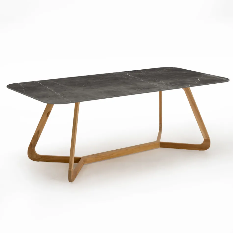Mesa de exterior con base de madera y tapa de cerámica de piedra gris - Infinity Viadurini