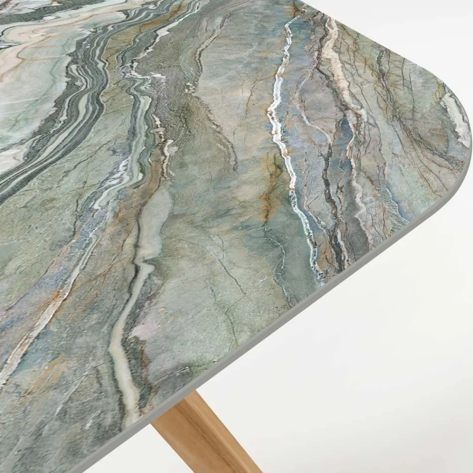 Mesa de exterior con base de madera y tapa de cerámica Royal Peacock - Infinity Viadurini