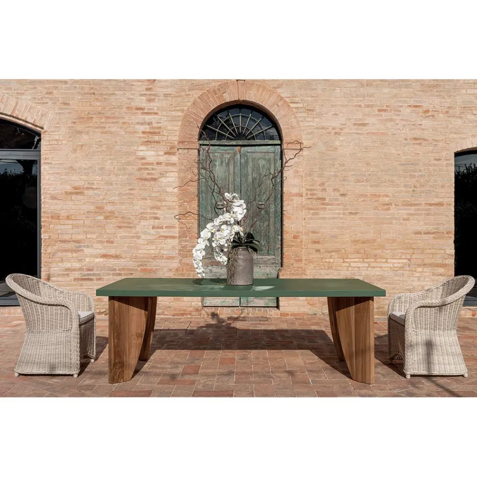 Mesa de exterior en microcemento Okumè y acabado en teca Made in Italy - Pencil Viadurini