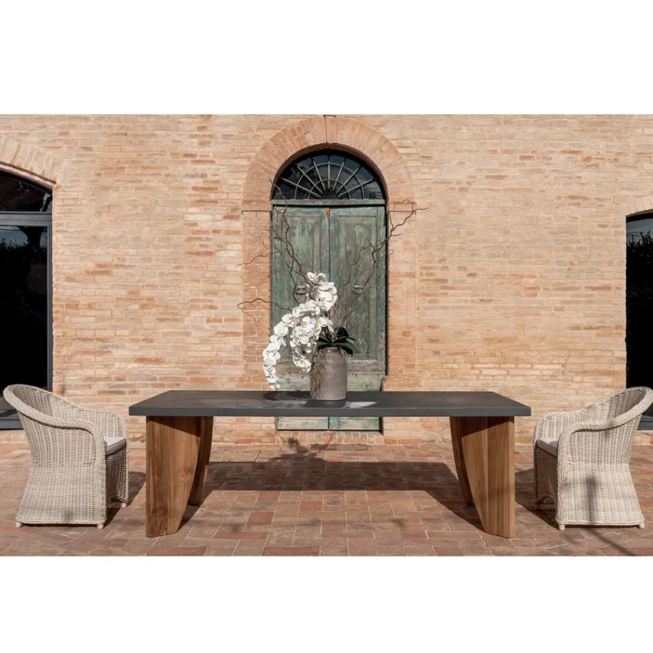 Mesa de exterior en microcemento Okumè y acabado en teca Made in Italy - Pencil Viadurini