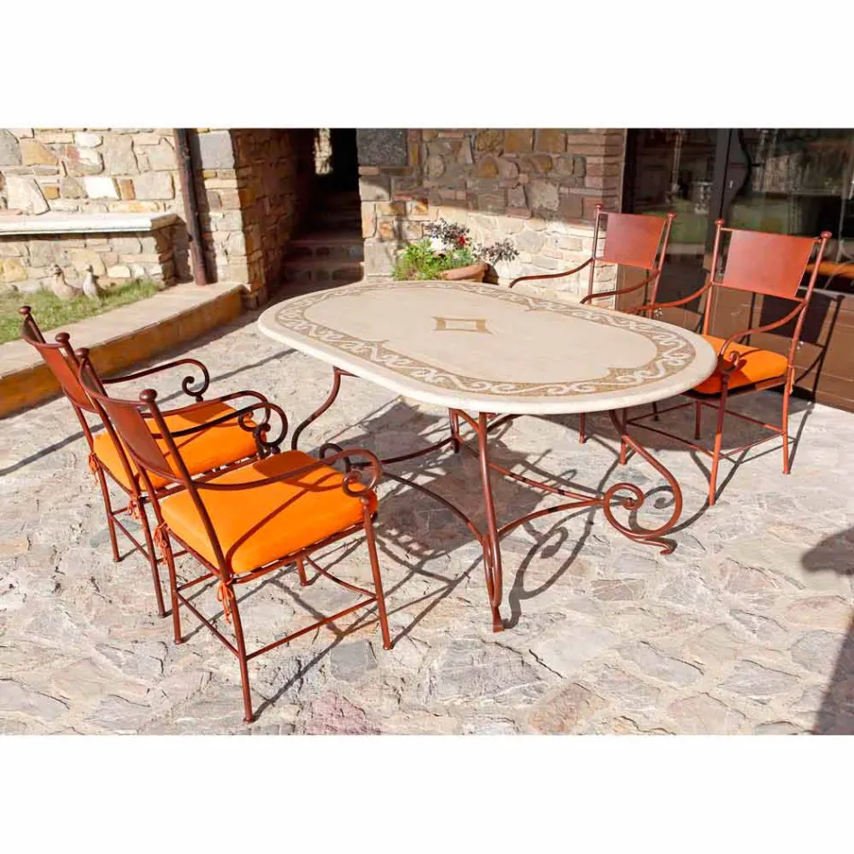 Mesa de exterior de travertino con inserciones de mosaico Made in Italy - Elegante Viadurini