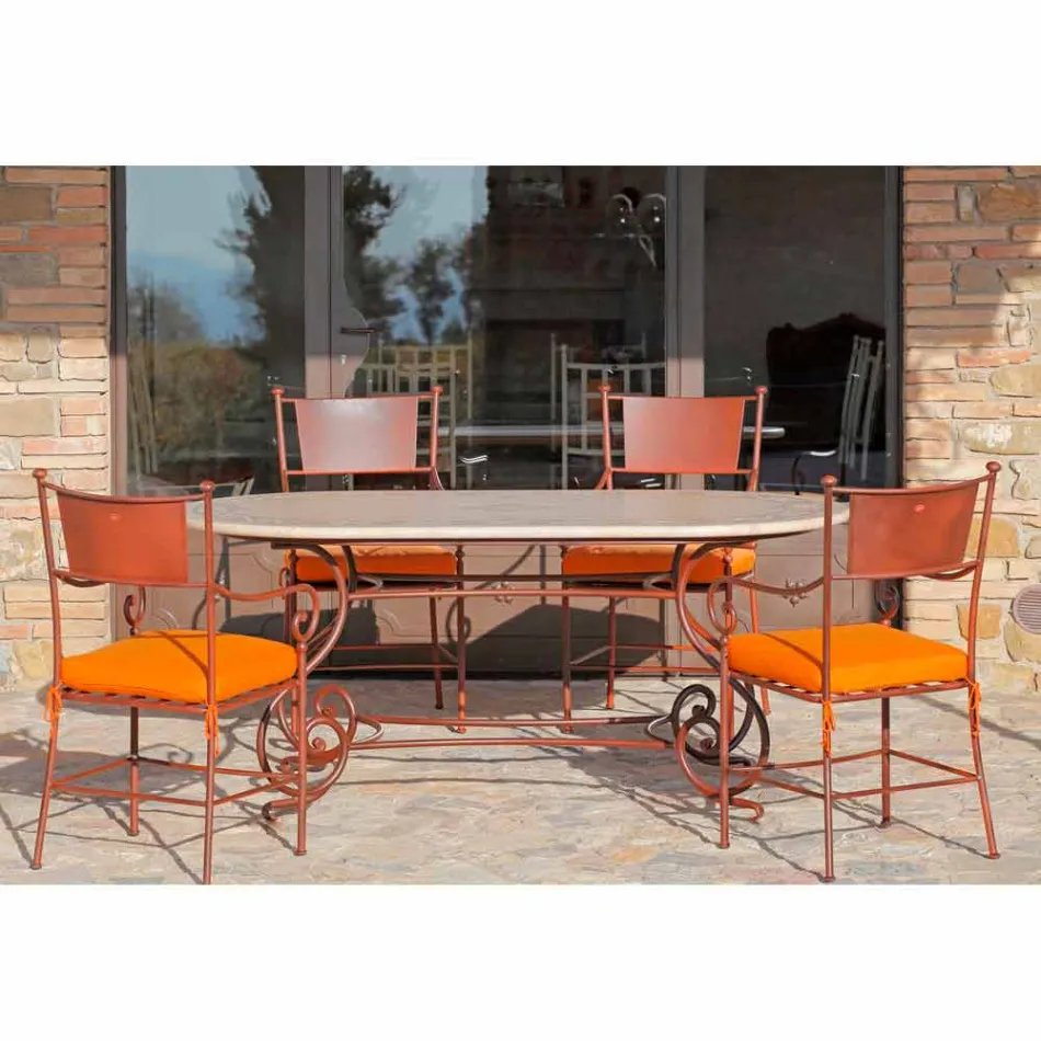 Mesa de exterior de travertino con inserciones de mosaico Made in Italy - Elegante Viadurini