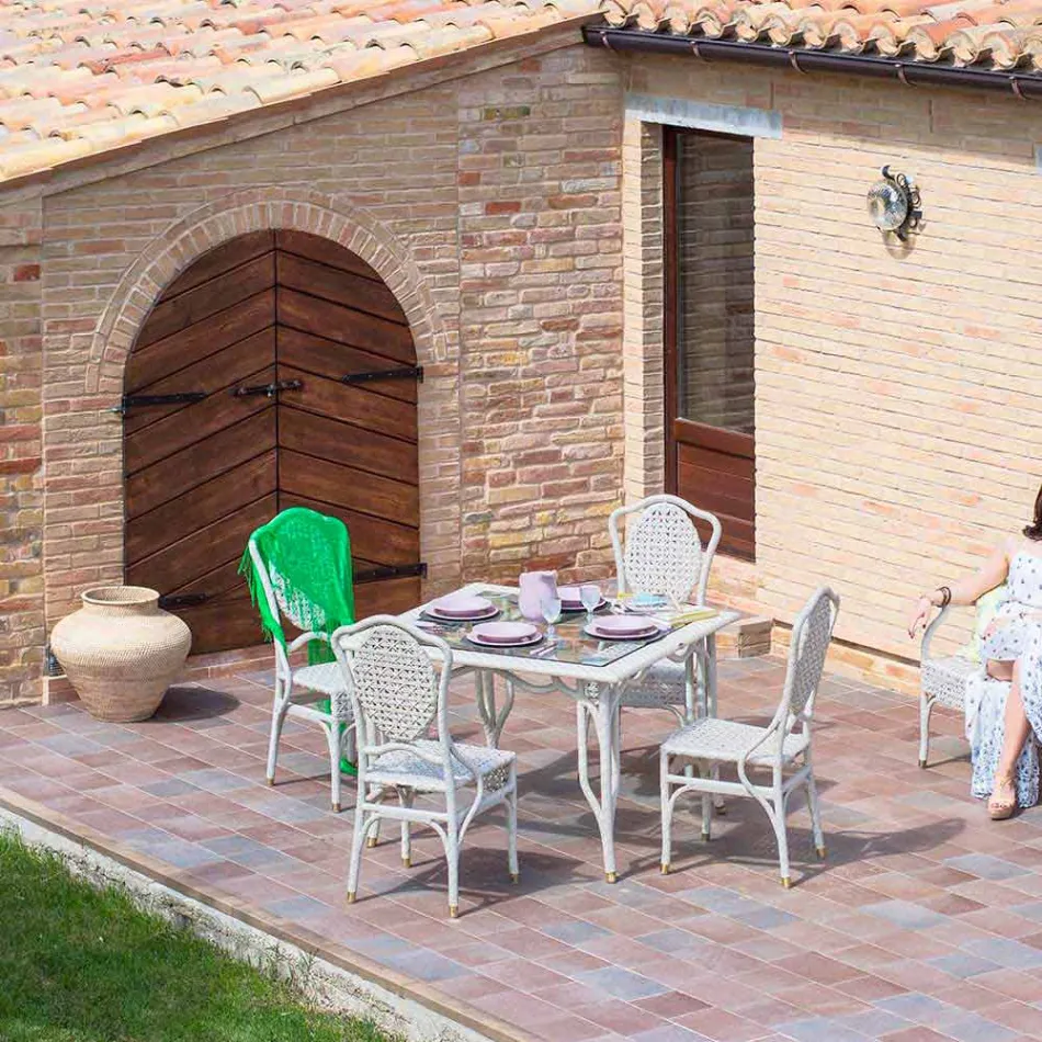 Mesa con tapa de cristal de diseño de jardines Romeo, hecho a mano Viadurini