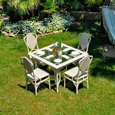 Mesa con tapa de cristal de diseño de jardines Romeo, hecho a mano Viadurini