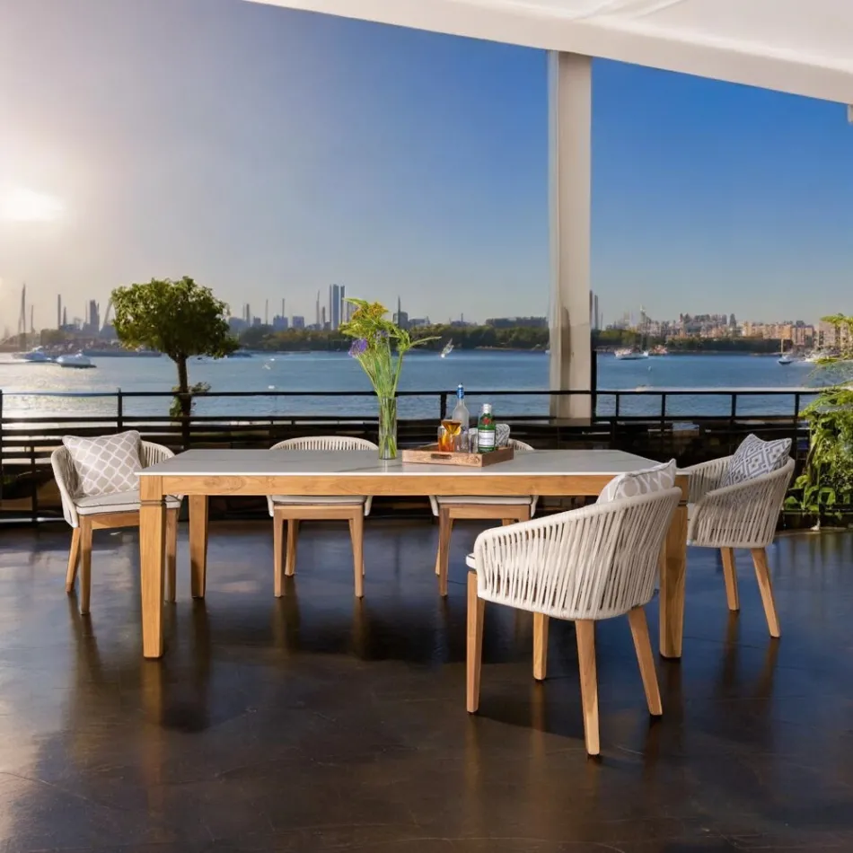 Mesa de Jardín en Teca Natural y Tapa de Cerámica - Artes Viadurini