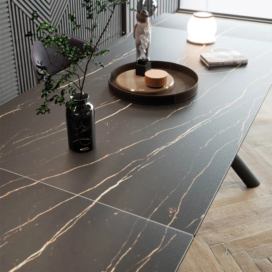 Mesa de comedor extensible (200/230 cm) de cristal, cerámica y metal - Naisha Viadurini
