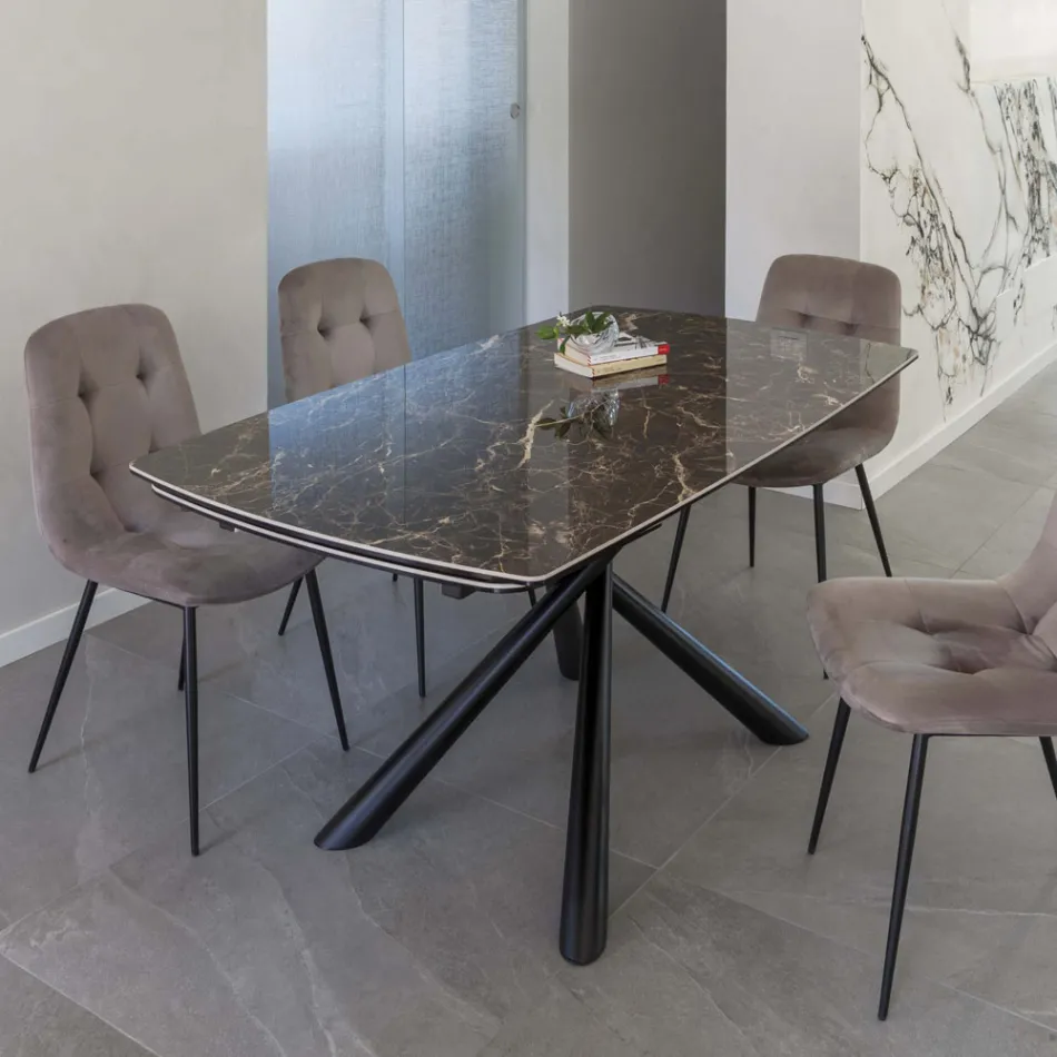 Mesa de Comedor Extensible hasta 230 cm en Vitrocerámica y Metal - Kinari Viadurini