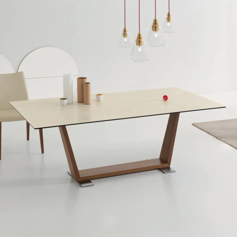 Mesa de Comedor Extensible hasta 3 m en Patas de Cerámica y Madera - Cesteo Viadurini