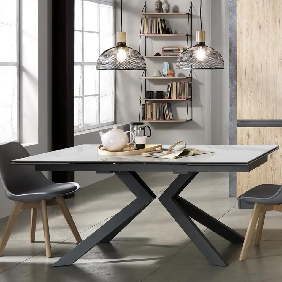 Mesa de comedor extensible hasta 240 cm en cerámica y metal - Ugo Viadurini