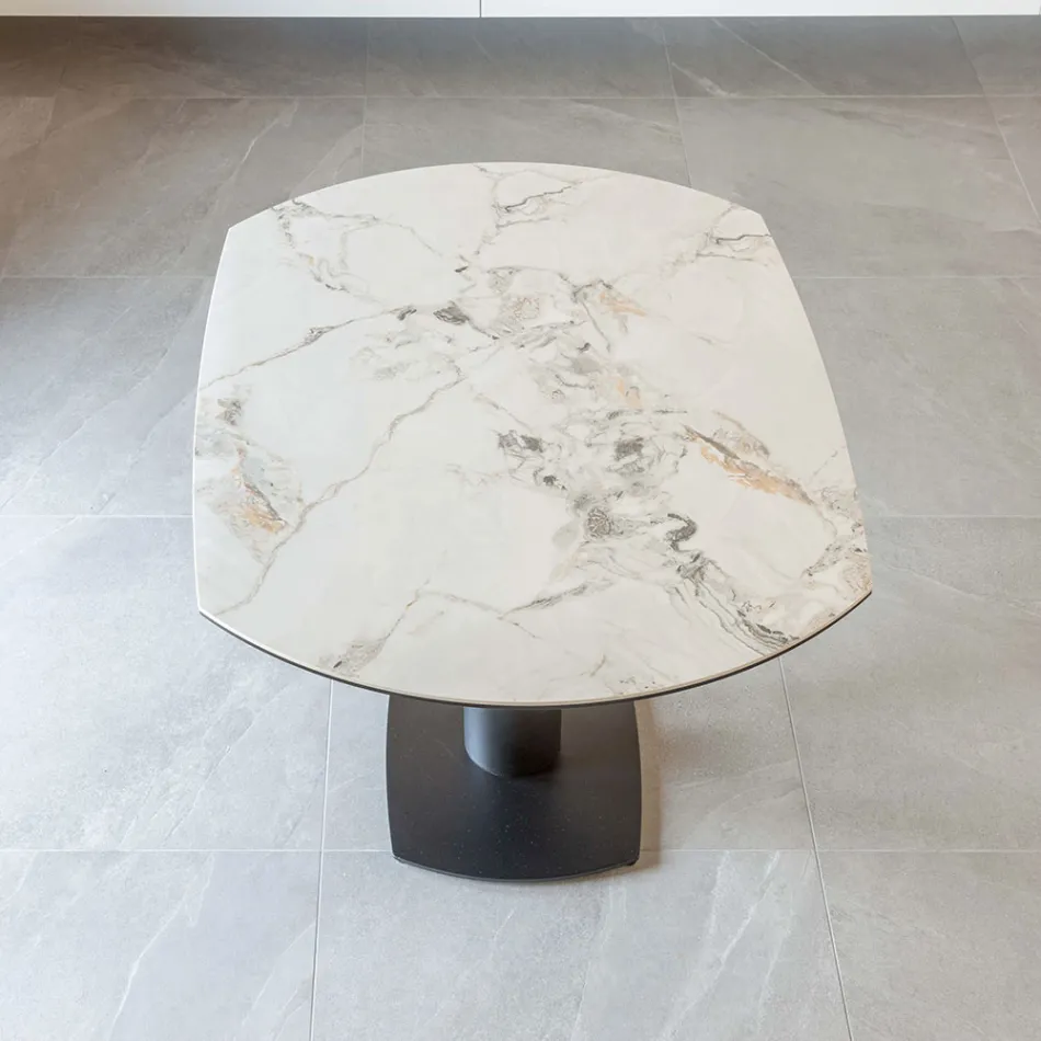 Mesa de Comedor Extensible en Cerámica y Base de Metal - Indira Viadurini