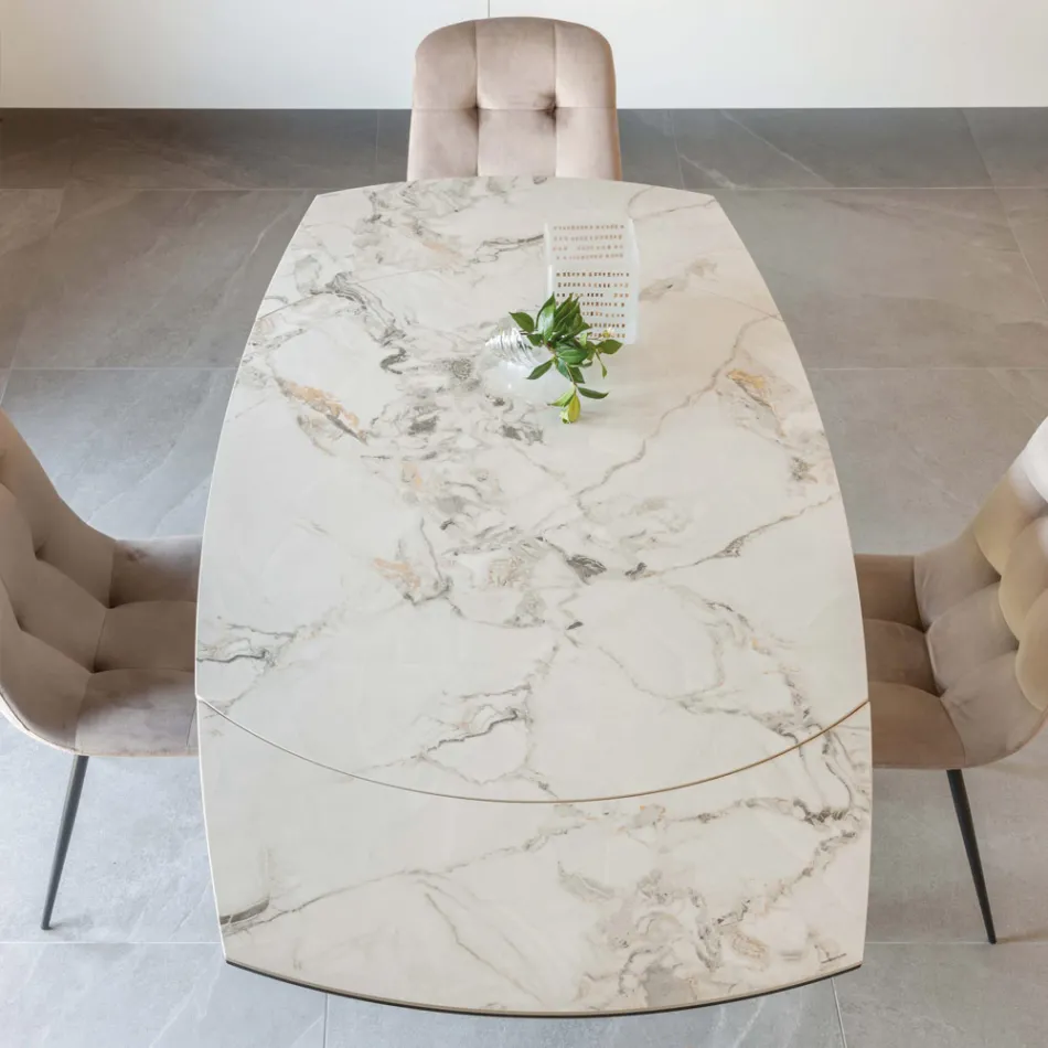 Mesa de Comedor Extensible en Cerámica y Base de Metal - Indira Viadurini