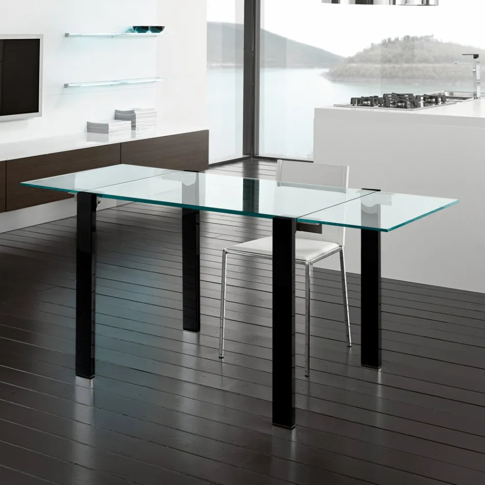 Mesa de comedor extensible de cristal extraclaro y metal, fabricada en Italia – Sopot  Viadurini