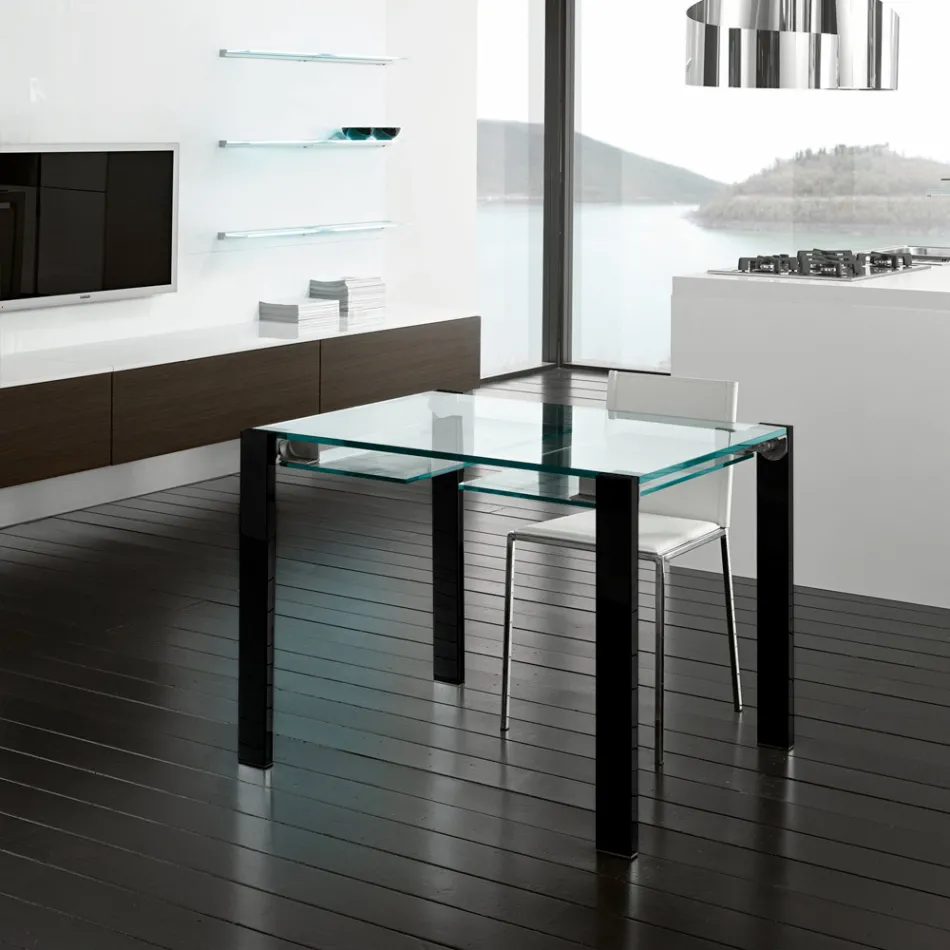 Mesa de comedor extensible de cristal extraclaro y metal, fabricada en Italia – Sopot  Viadurini