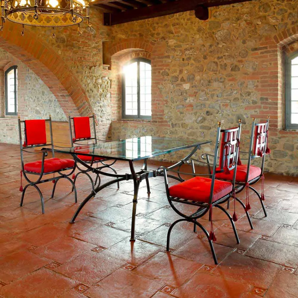 Mesa de comedor artesanal con tapa de cristal Made in Italy - Principe Viadurini