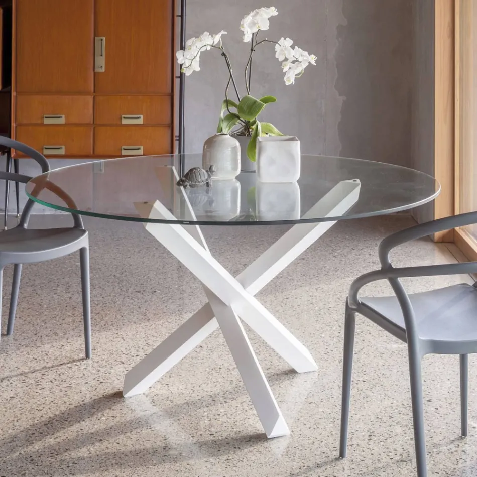 Mesa de Comedor con Base de Haya Maciza y Tapa de Vidrio Templado - Evergreen Viadurini