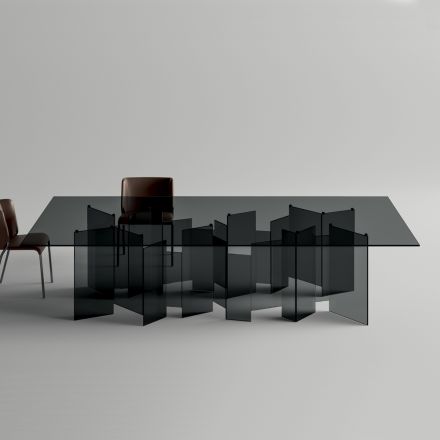 Mesa de comedor con base y tapa rectangular de vidrio Made in Italy - Thommy Viadurini