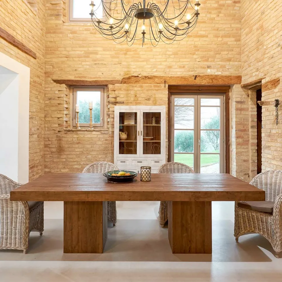 Mesa de Comedor con Base Doble y 4 Sillas de Rattan - Slide Viadurini