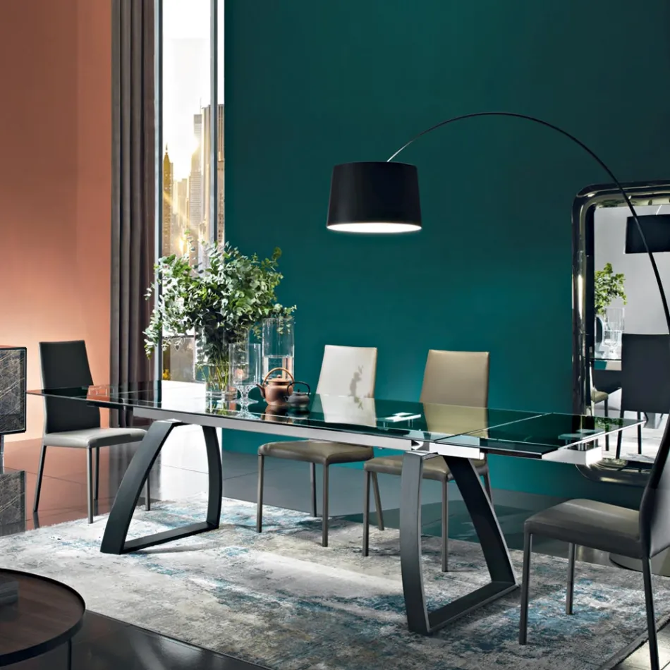 Mesa de comedor con tapa de cristal extensible Made in Italy - Antimo Viadurini