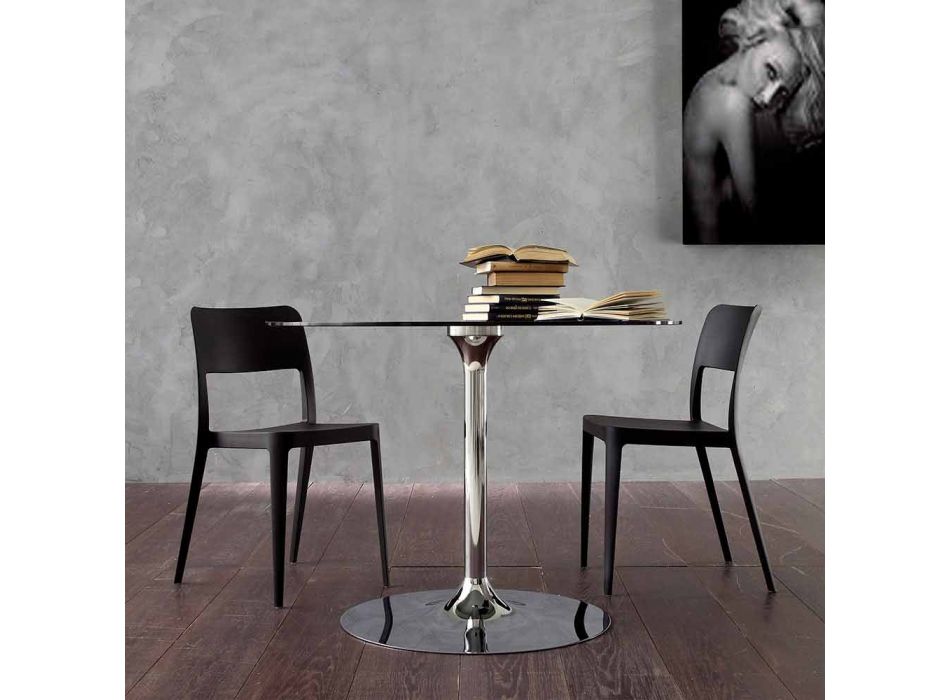 Mesa de comedor con tapa de cristal y base cromada Made in Italy - Tallio Viadurini