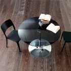 Mesa de comedor con tapa de cristal y base cromada Made in Italy - Tallio Viadurini
