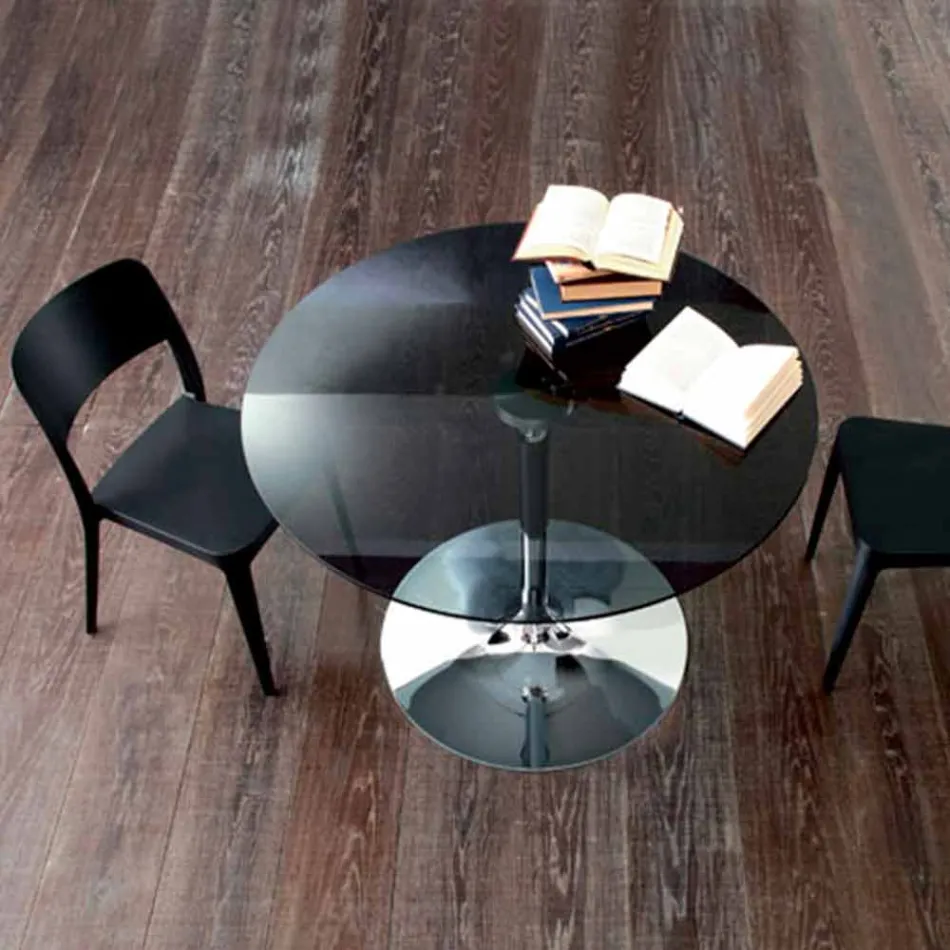 Mesa de comedor con tapa de cristal y base cromada Made in Italy - Tallio Viadurini