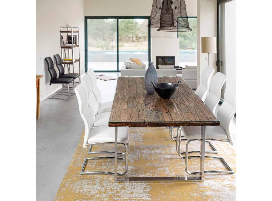 Mesa de comedor Homemotion con tapa de madera y vidrio templado - Blanco Viadurini