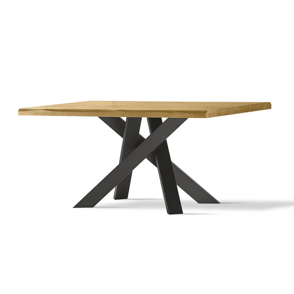 Mesa de Comedor con Tablero de Madera Maciza y Base de Metal - Ibisco Viadurini
