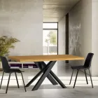 Mesa de Comedor con Tablero de Madera Maciza y Base de Metal - Ibisco Viadurini