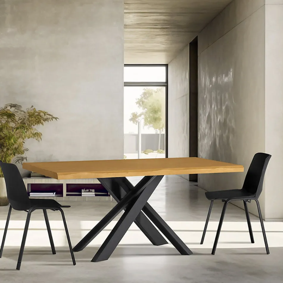 Mesa de Comedor con Tablero de Madera Maciza y Base de Metal - Ibisco Viadurini