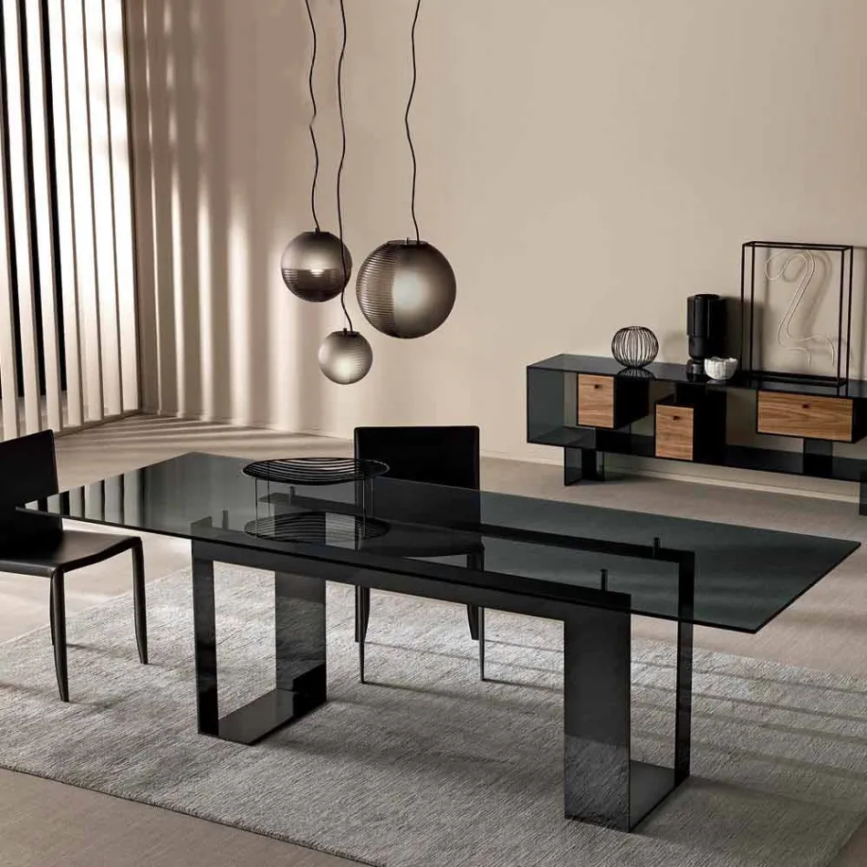 Mesa de Comedor con Tapa de Cristal Ahumado y Base de Metal 4 Dimensiones - Speck Viadurini
