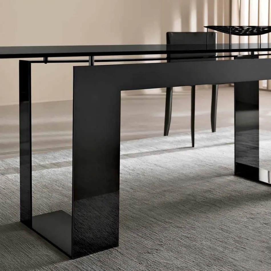 Mesa de Comedor con Tapa de Cristal Ahumado y Base de Metal 4 Dimensiones - Speck Viadurini