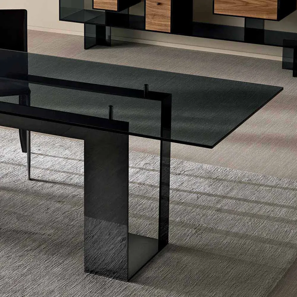 Mesa de Comedor con Tapa de Cristal Ahumado y Base de Metal 4 Dimensiones - Speck Viadurini