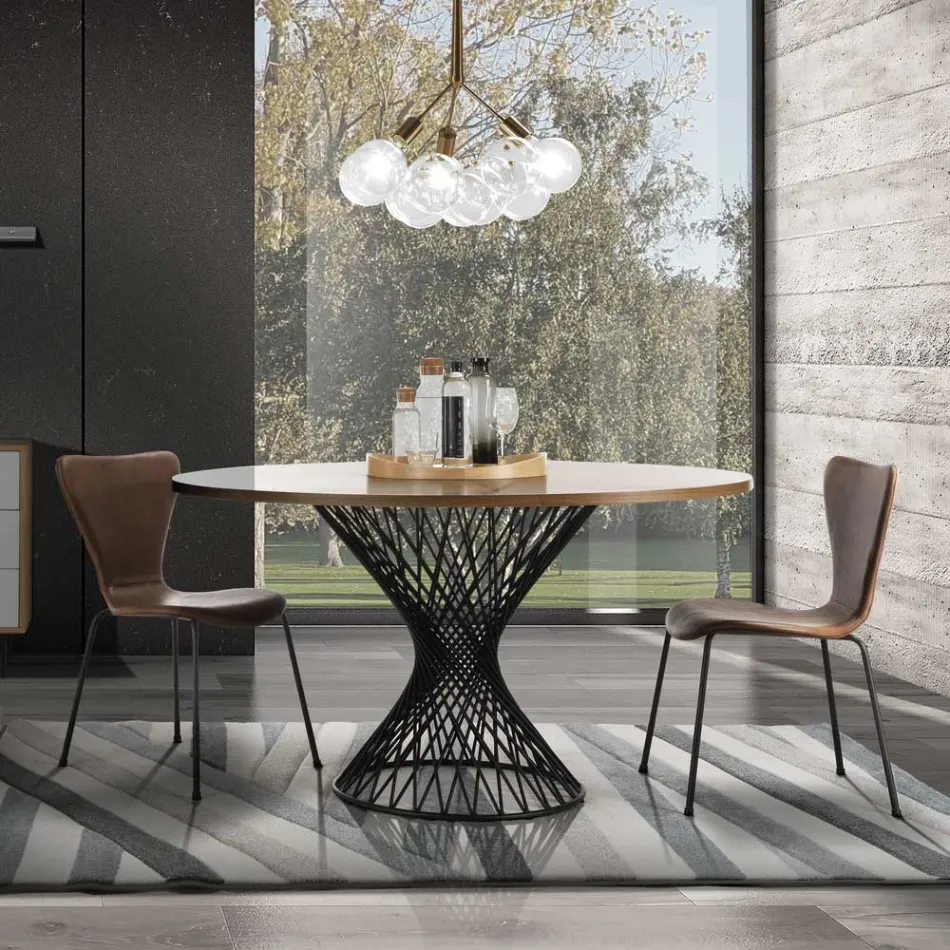 Mesa de comedor con tapa redonda en MDF chapado en roble - Emmanuel Viadurini