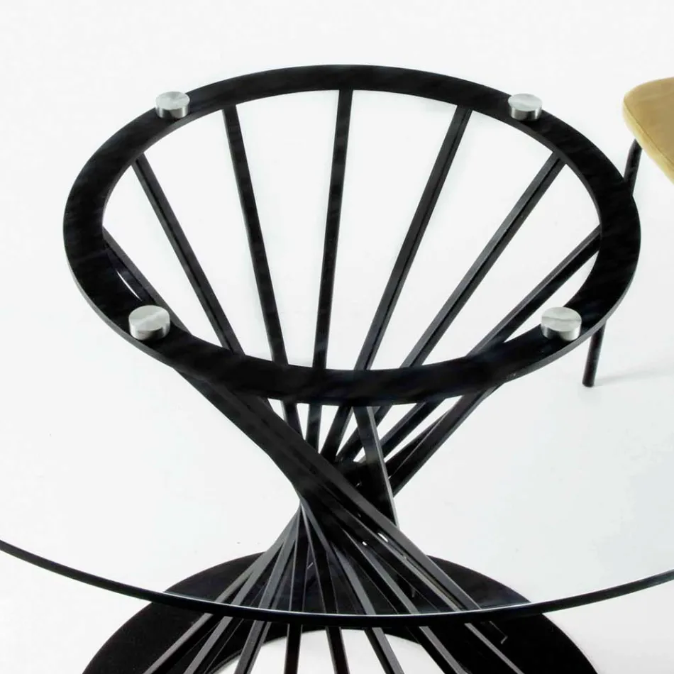 Mesa de comedor con tapa redonda de vidrio templado y base de acero - Mileto Viadurini
