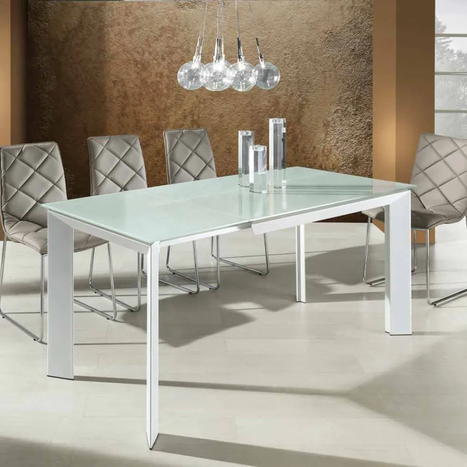 mesa de comedor con tapa de cristal templado pintado bianco Zeno Viadurini