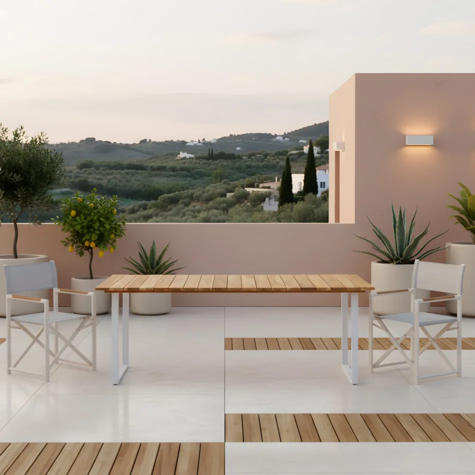 Mesa de comedor para exterior con tablero de teca natural cepillada - Mistral Viadurini