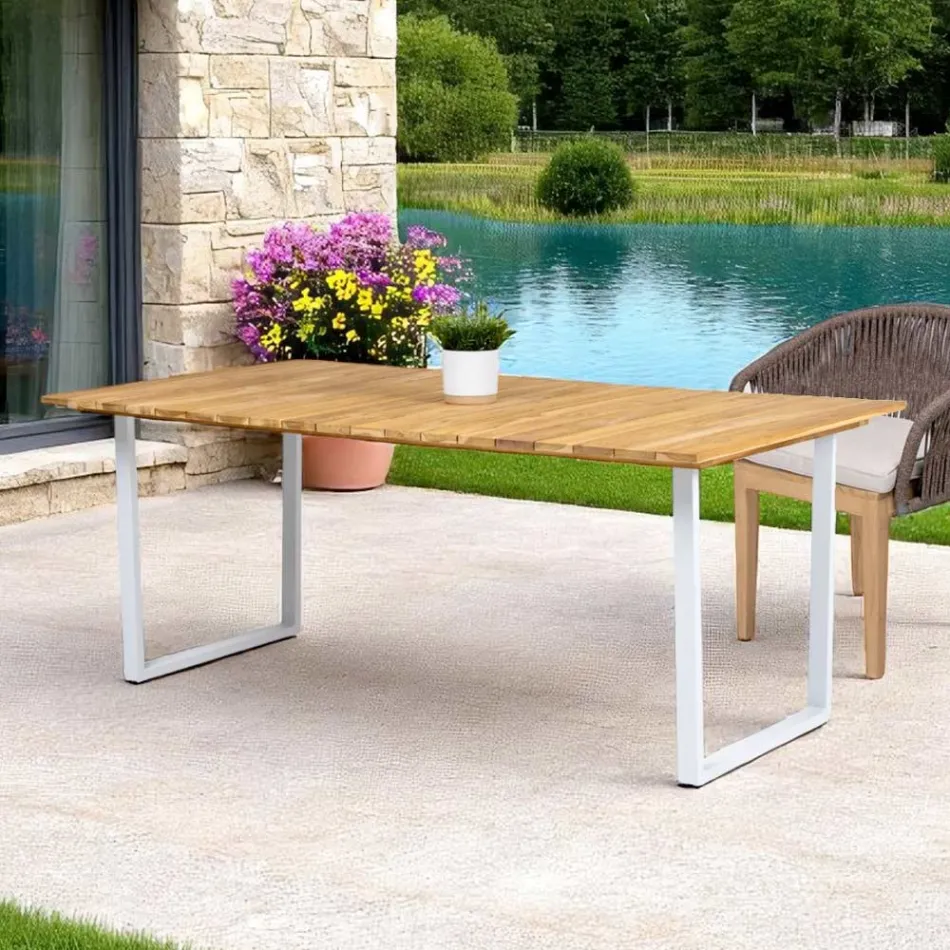 Mesa de comedor para exterior con tablero de teca natural cepillada - Mistral Viadurini