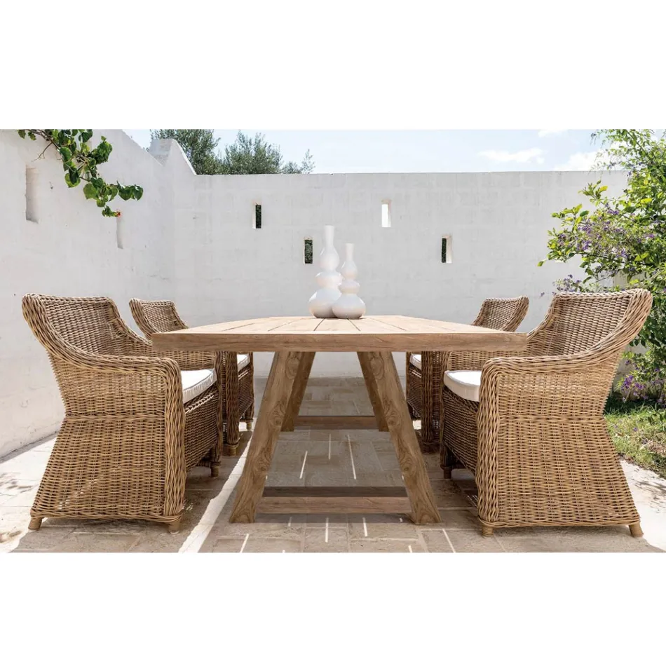 Mesa de comedor de exterior de madera de teca reciclada Made in Italy - Bambi Viadurini