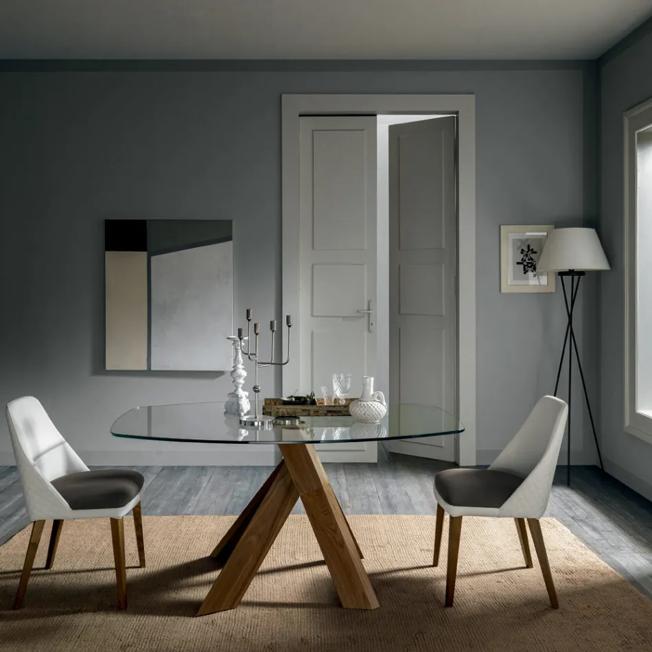 Sala de estar Mesa de comedor Tapa de vidrio y patas de madera - Botánico Viadurini