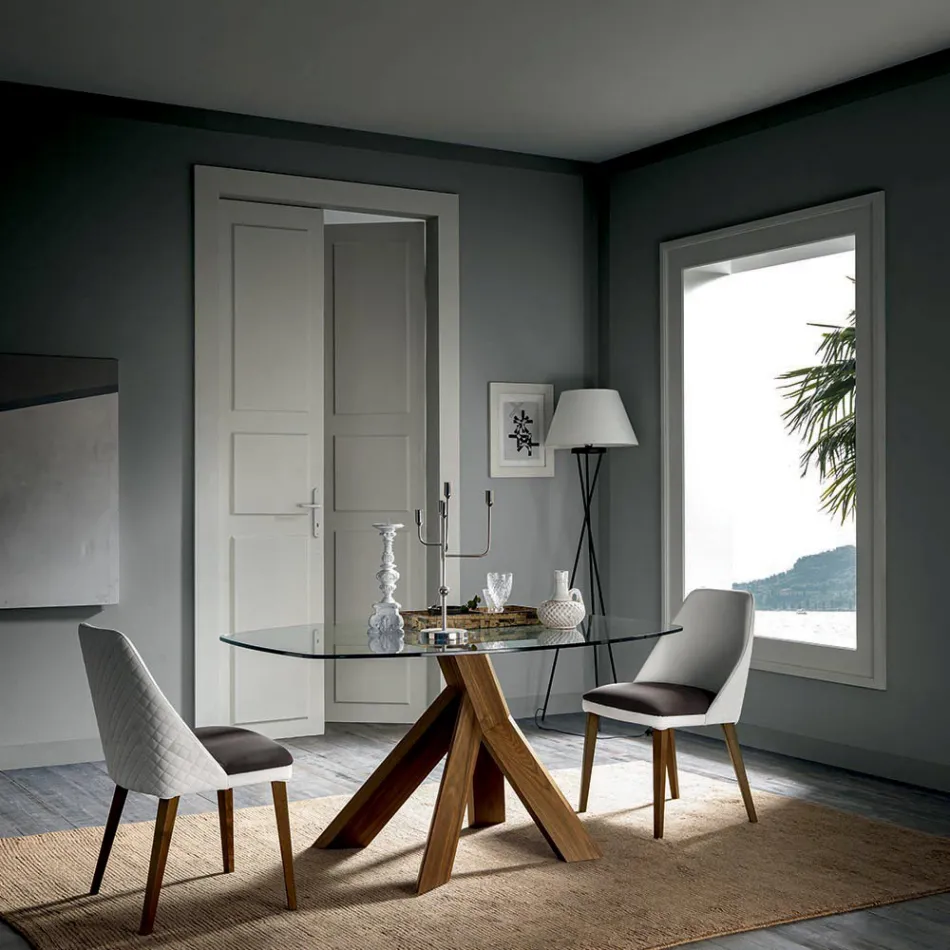 Sala de estar Mesa de comedor Tapa de vidrio y patas de madera - Botánico Viadurini