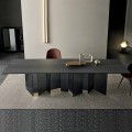 Mesa de comedor de diseño en base de cerámica y vidrio ahumado Made in Italy - Random