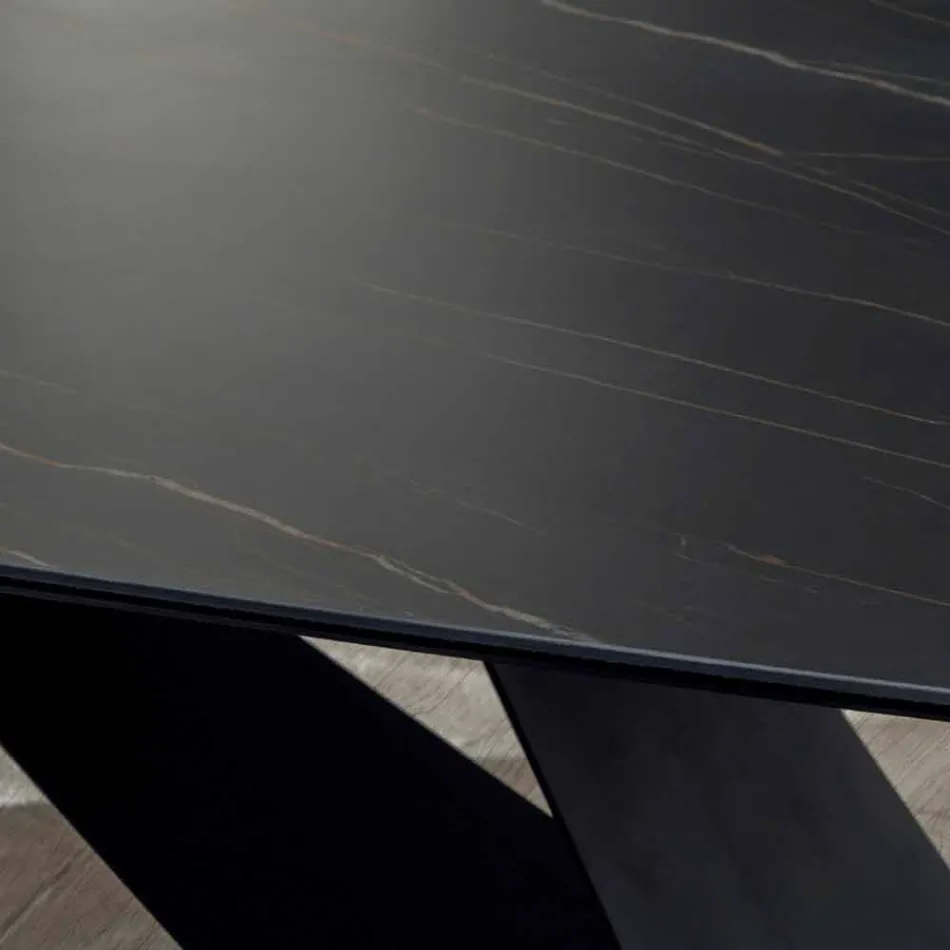 Mesa de comedor de diseño en cerámica efecto Portoro y metal mate - Falcon Viadurini