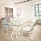 Mesa de comedor de diseño en vidrio y teca blanqueada Homemotion - Francia Viadurini