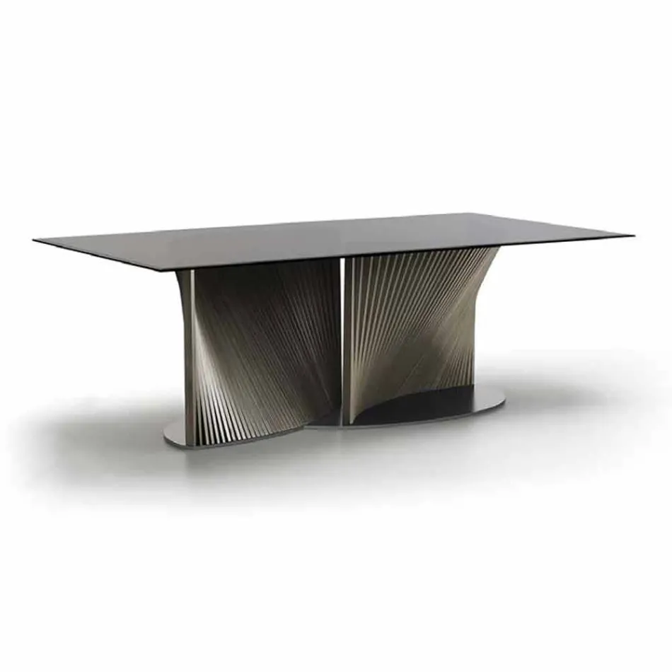 Mesa de comedor de diseño en vidrio ahumado y fresno aceitado Made in Italy - Croma Viadurini