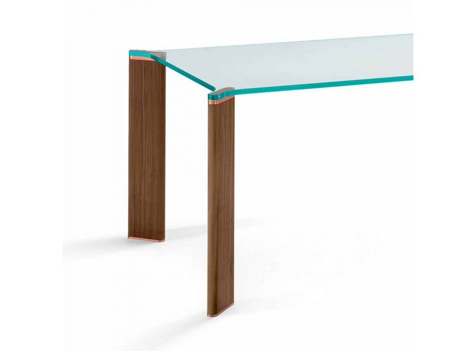 Mesa de comedor de lujo con tapa de cristal y patas de madera 4 tamaños - Kuduro Viadurini